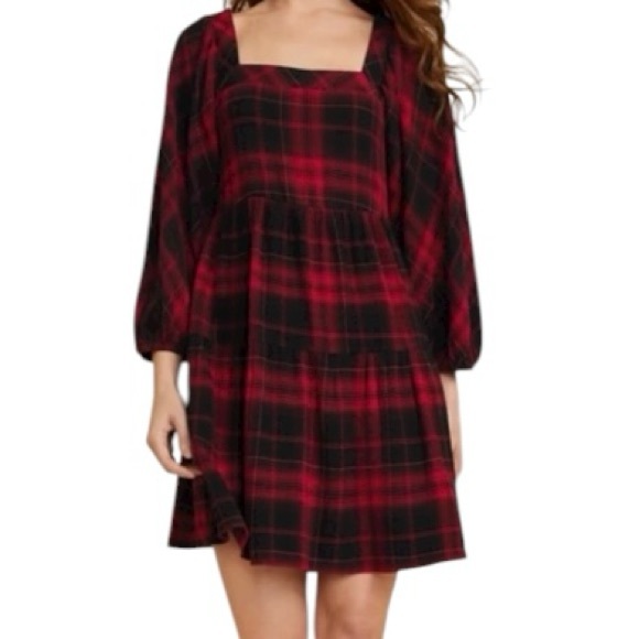 Maurices Red Black Plaid Babydoll Tiered Dress NWT S - Picture 2 of 9